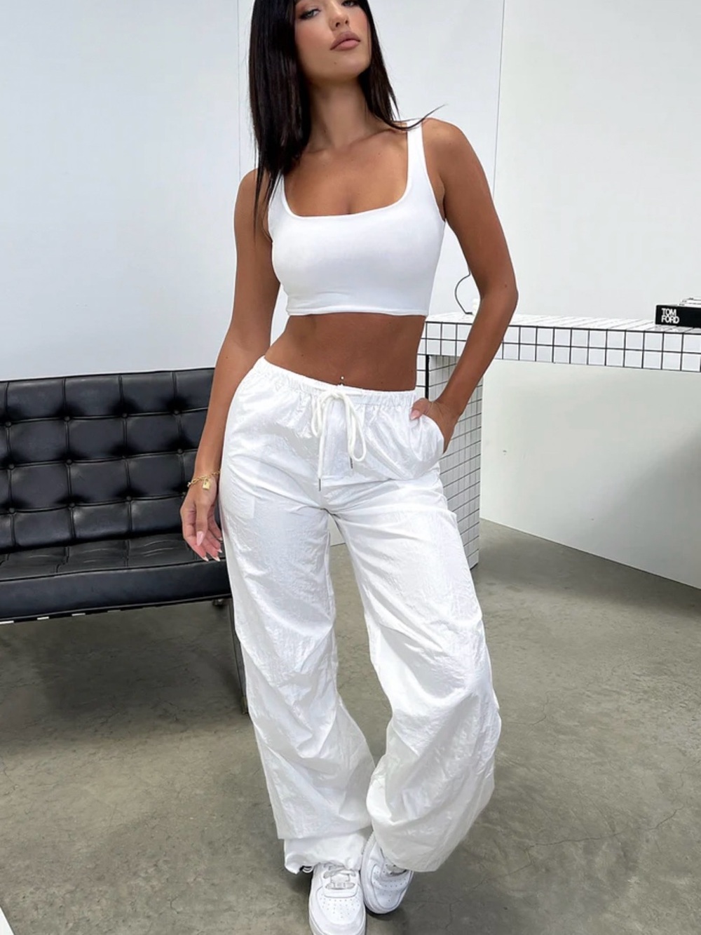 NWT White Drawstring Parachute Pants for Women